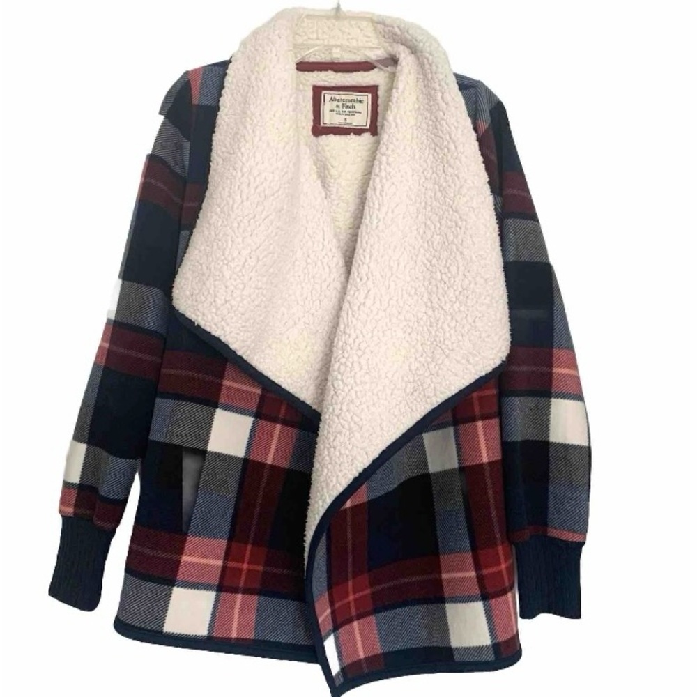 Abercrombie & Fitch Sherpa Jacket Buffalo Plaid Oversized Blanket Coat Cozy Sz S